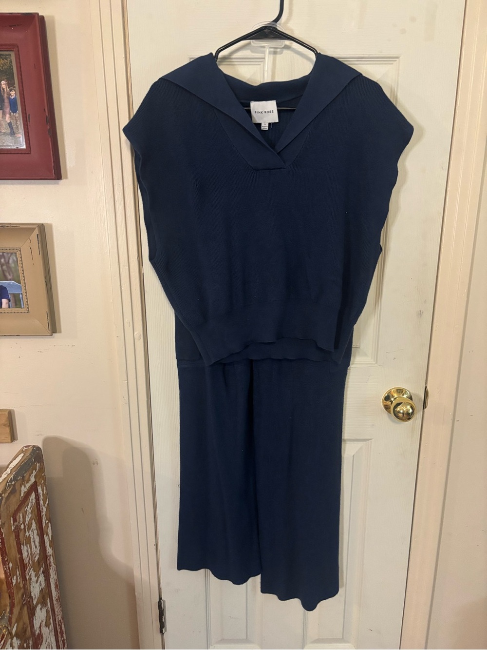 Pink Rose Navy Sleeveless Knit set with Sailor Collar